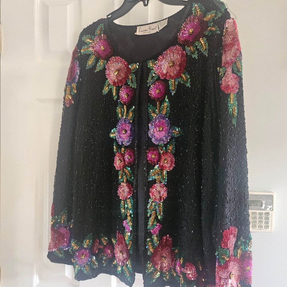 Laurence Kazar Vintage Silk All-Over Sequin Embellished Women Evening Jacket 1X - Picture 2 of 4